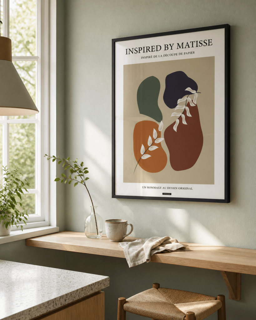 MATISSE NO.2 miljøbillede KASPERBENJAMIN - lyst køkken MATISSE NO.2 plakat i sort ramme i et lyst dansk køkken med celadongrøn væg, egetræshylde, keramik og naturligt dagslys