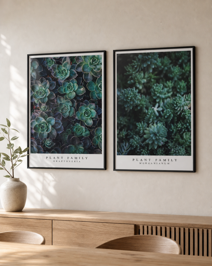 MORGANIANUM med GRAPTOVERIA – miljøbillede | KASPERBENJAMIN MORGANIANUM og GRAPTOVERIA plakater i sorte rammer på en lys væg i en nordisk spisestue.
