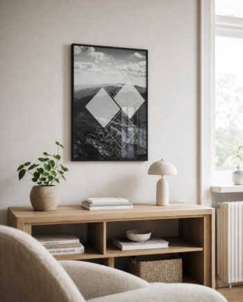 MOUNTAIN SQUARE plakat i en lys moderne stue med naturligt dagslys