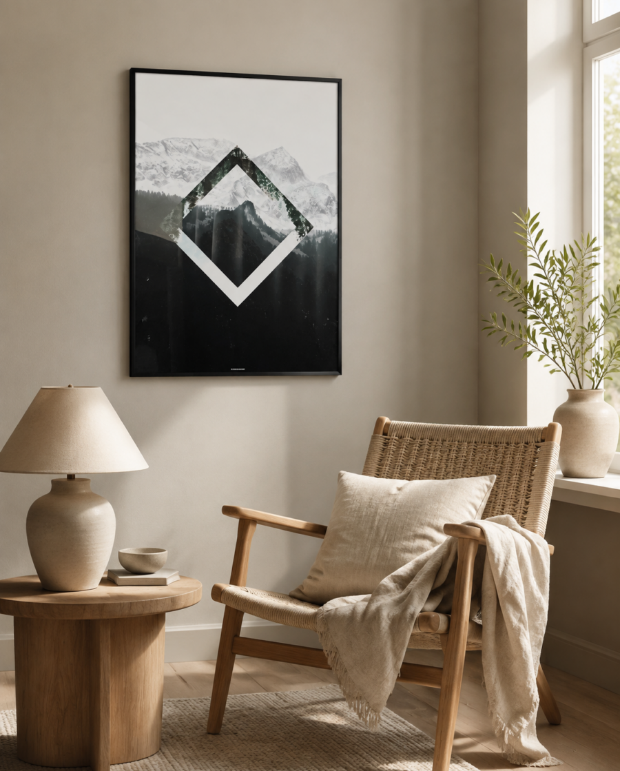 NATURE SQUARE plakat i sort ramme i en lys nordisk læsekrog med egetræ, lænestol og dagslys.