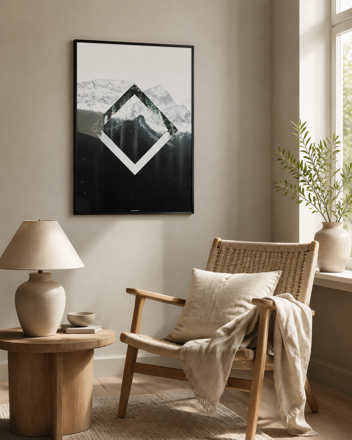 NATURE SQUARE plakat i sort ramme i en lys nordisk læsekrog med egetræ, lænestol og dagslys.