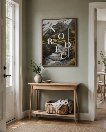 NORDIC plakat i egetræsramme over en lys konsol i en dansk entré med naturligt dagslys.