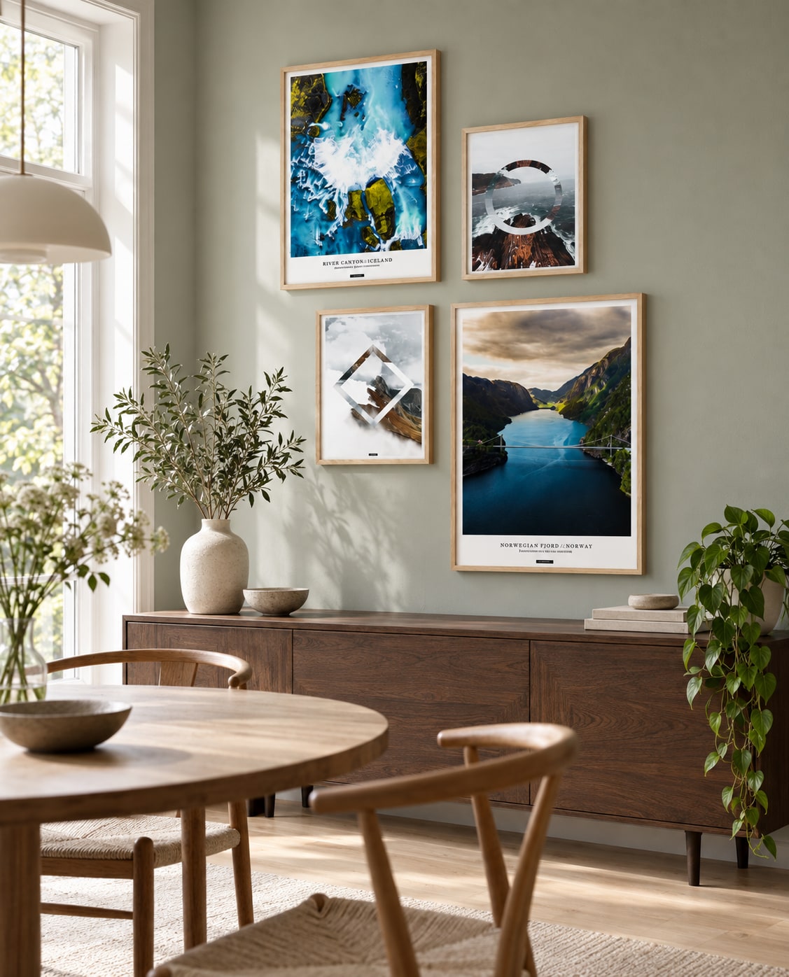 Nordisk Natur billedvæg med fire naturplakater i en lys nordisk spisestue uden webshoptekst