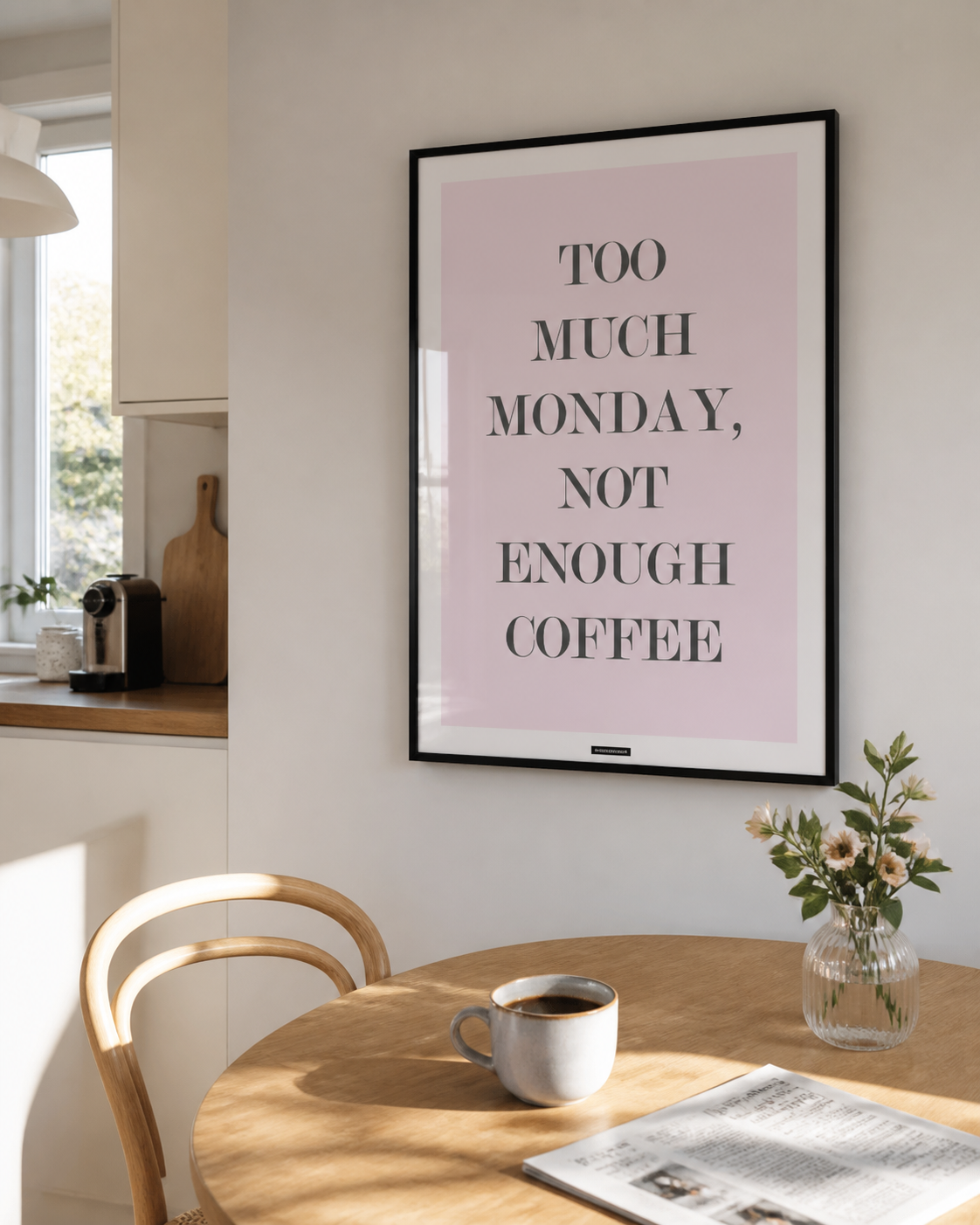 NOT ENOUGH COFFEE plakat i sort ramme over et lyst køkkenbord med kaffe og morgenlys.