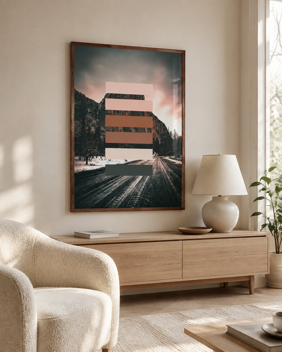 ORANGE SHADES plakat i et lyst nordisk miljø med naturligt dagslys.