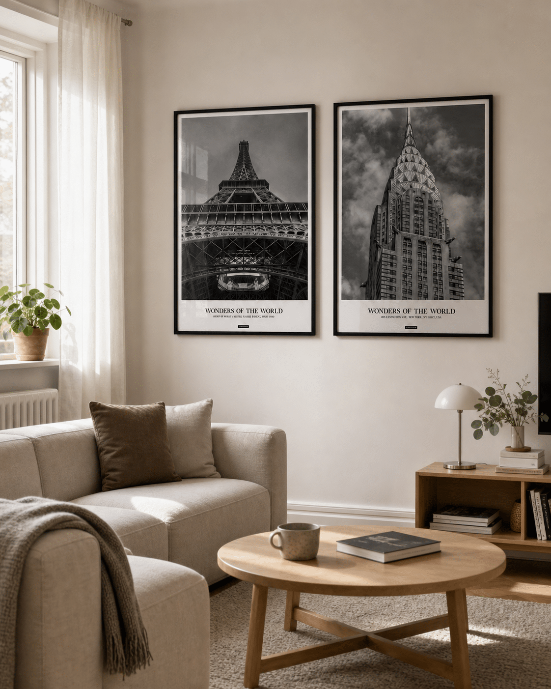 Paris og New York plakater i sorte rammer hænger sammen på en lys væg i en moderne dansk stue