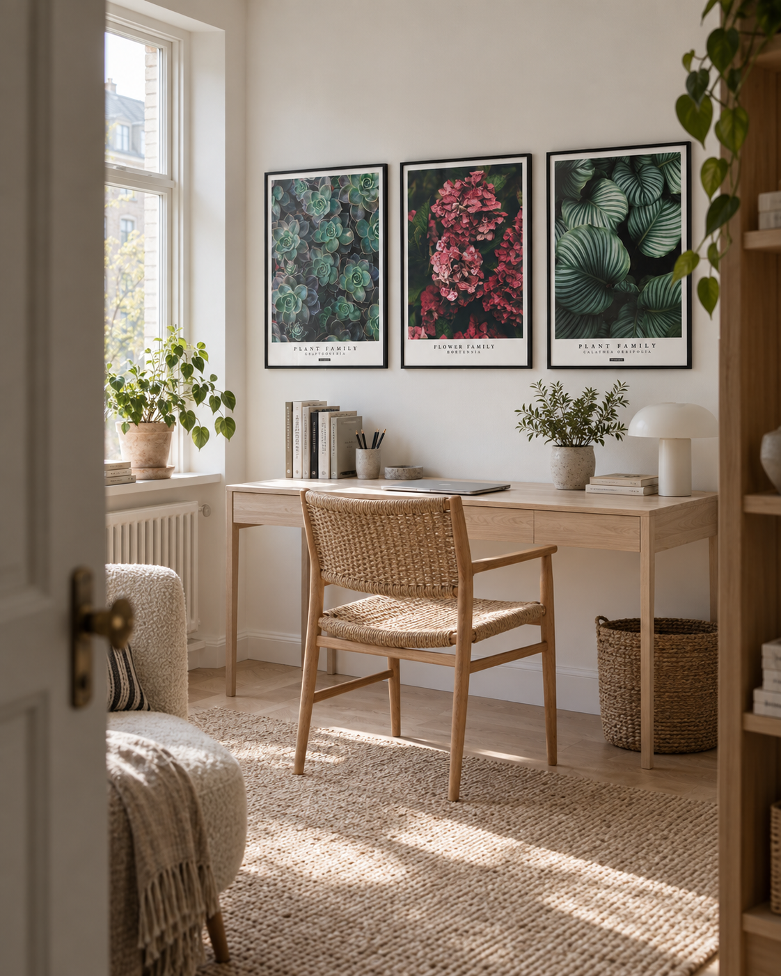 Plants plakatsæt med tre plakater i sorte rammer over et lyst dansk skrivebord