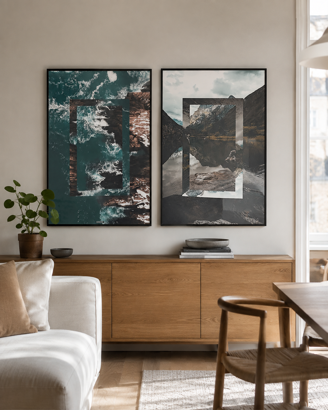 Matchende Reverse Ocean og Reverse Nature plakater i sorte aluminiumsrammer i et lyst dansk hjem