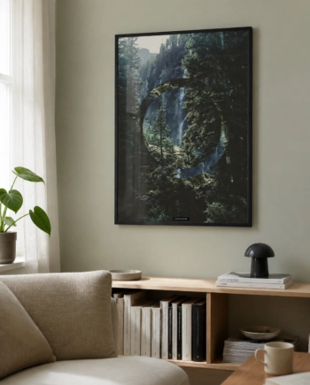 Serenity plakat i sort ramme på en lys grøn væg over en lav reol i en dansk stue