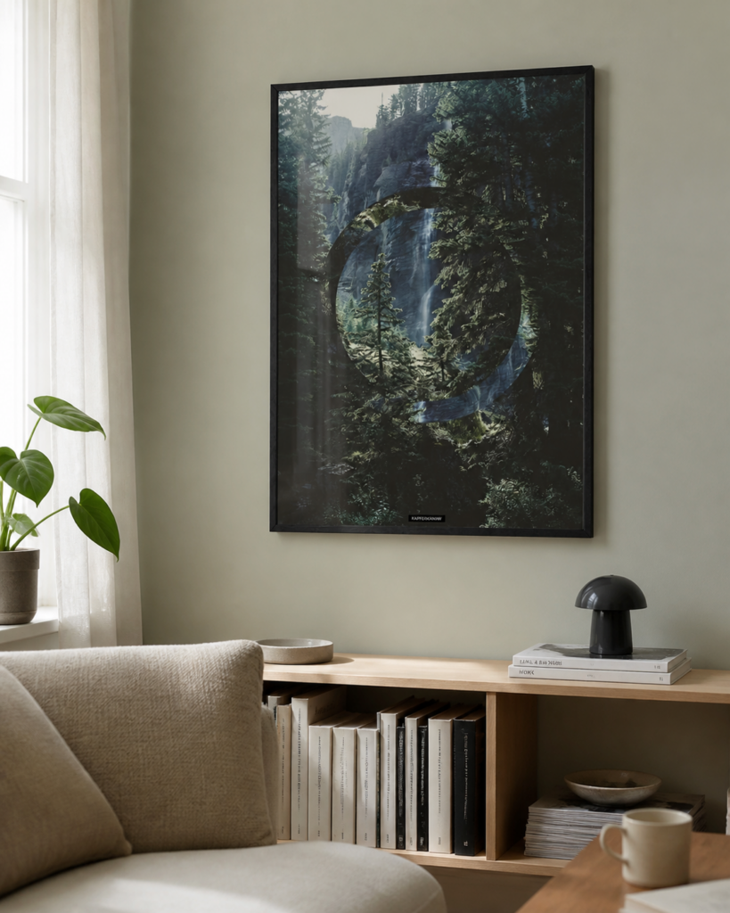 Serenity miljøbillede KASPERBENJAMIN lys læsekrog Serenity plakat i sort ramme på en lys grøn væg over en lav reol i en dansk stue