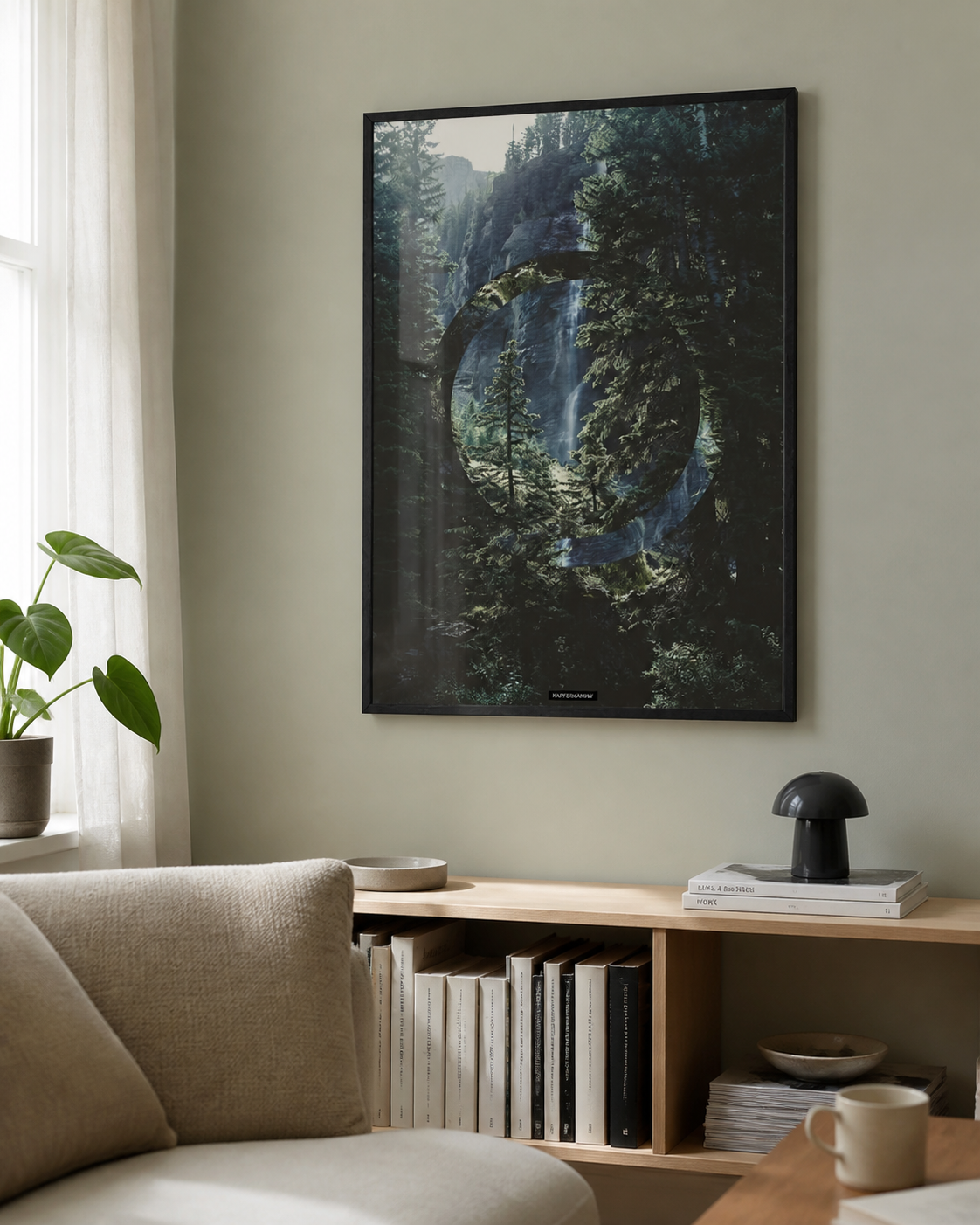 Serenity plakat i sort ramme på en lys grøn væg over en lav reol i en dansk stue