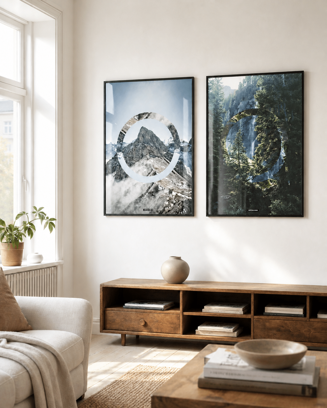 Serenity og Sky High plakater i sorte rammer hænger sammen på en lys væg i en moderne dansk stue