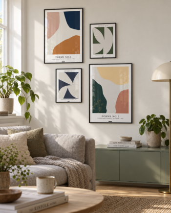 Shape and Color billedvæg med fire farverige geometriske plakater i sorte aluminiumsrammer over en sofa i en dansk stue.