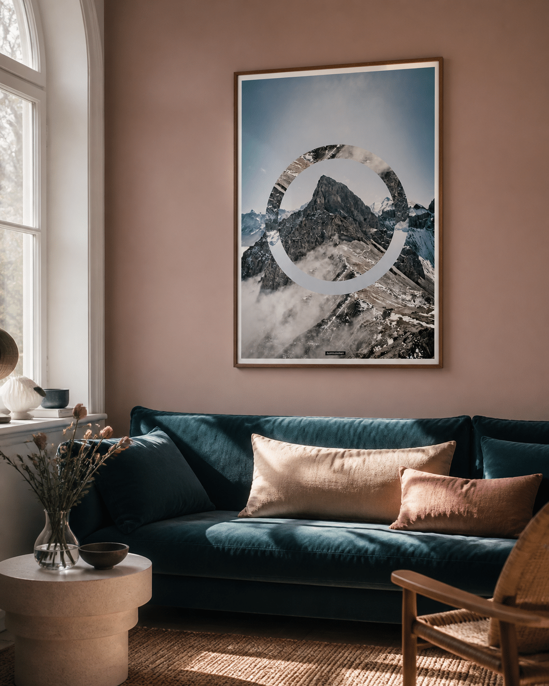 Sky High plakat i egetræsramme på en varm rosa væg over en mørk blå sofa i en lys stue