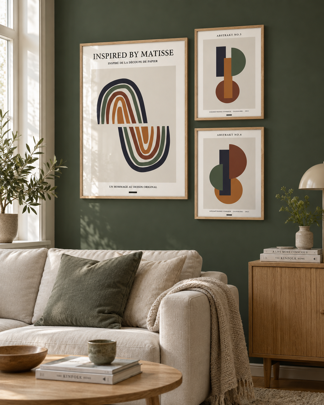 Structure billedvæg med en stor Matisse-inspireret plakat og to mindre geometriske plakater i egetræsrammer over en sofa.