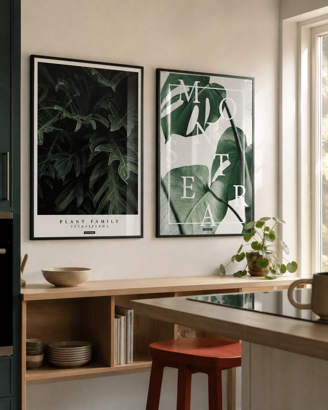 TETRASPERMA og MONSTERA plakater i rammer i et lyst nordisk køkken med teal fronter, egetræshylde og rød stol