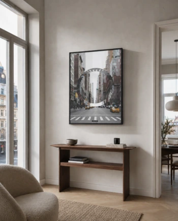 THE CITY plakat i et lyst urbant dansk lejlighedsmiljø med naturligt dagslys