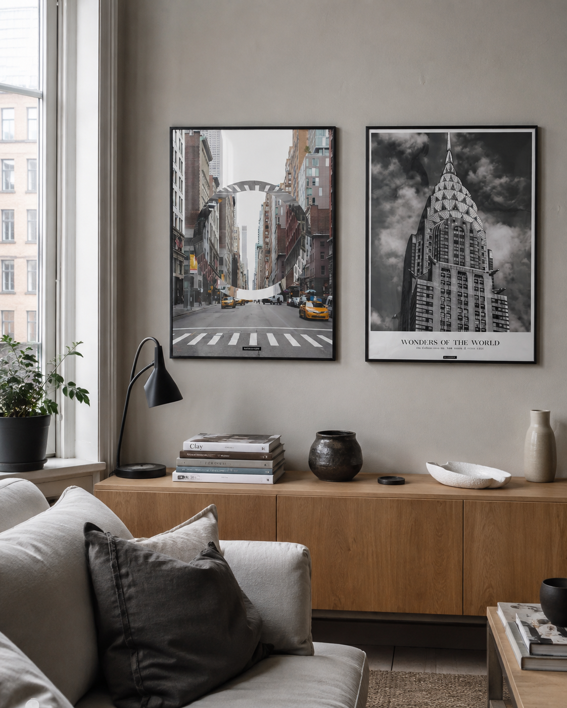 THE CITY og NEW YORK plakater i en moderne dansk stue med storbyudtryk og naturligt dagslys