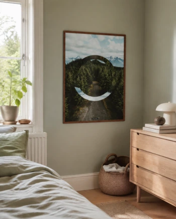 THE FOREST II plakat i egetræsramme i et lyst dansk soveværelse med naturligt dagslys.