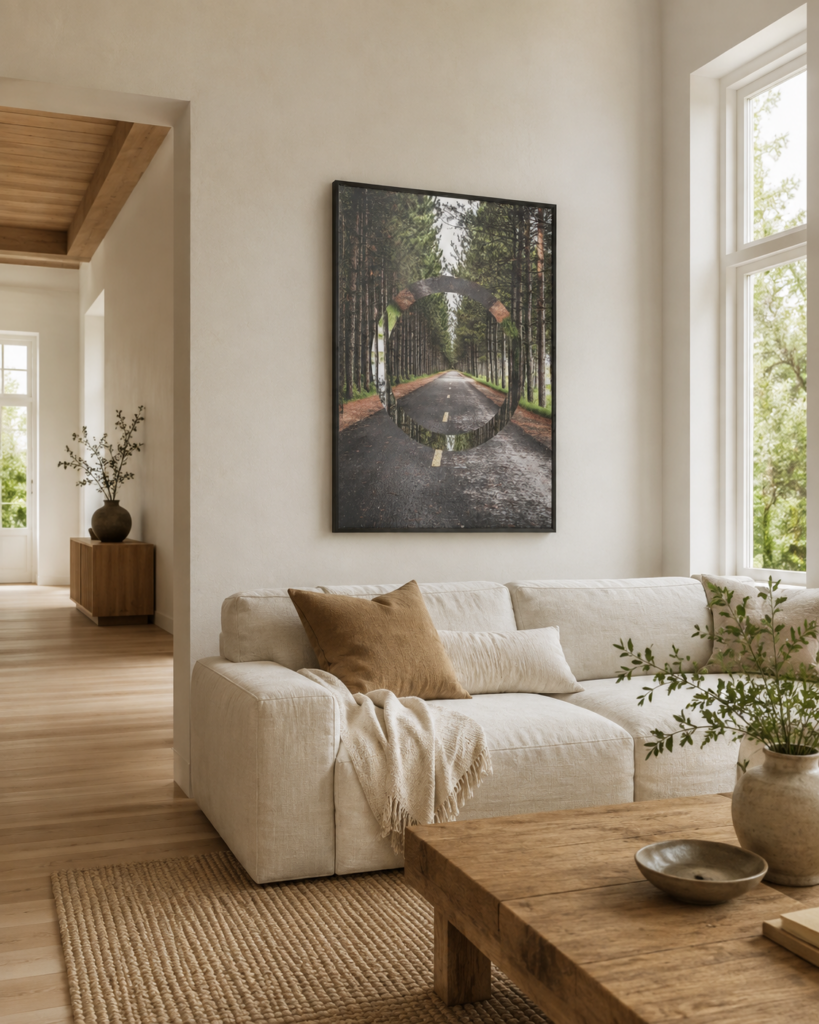 The Forest miljøbillede KASPERBENJAMIN The Forest plakat i sort ramme over en sofa i en lys nordisk stue