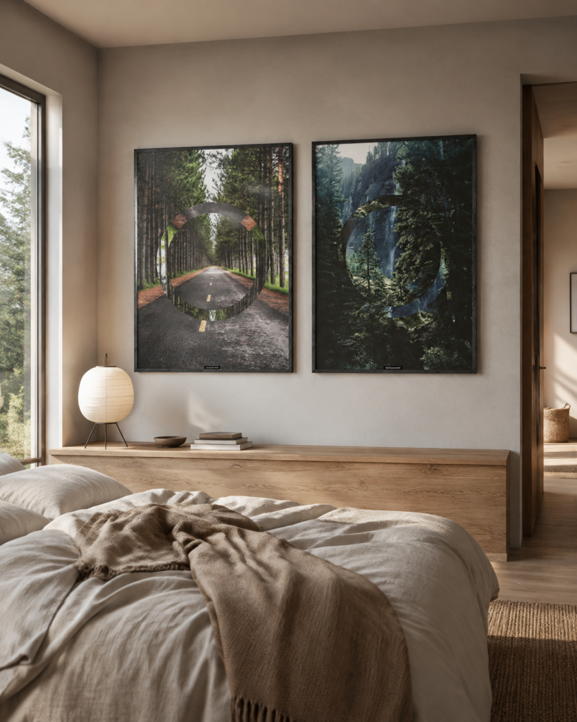 The Forest Serenity matchende miljøbillede KASPERBENJAMIN The Forest og Serenity plakater sammen i et nordisk soveværelse