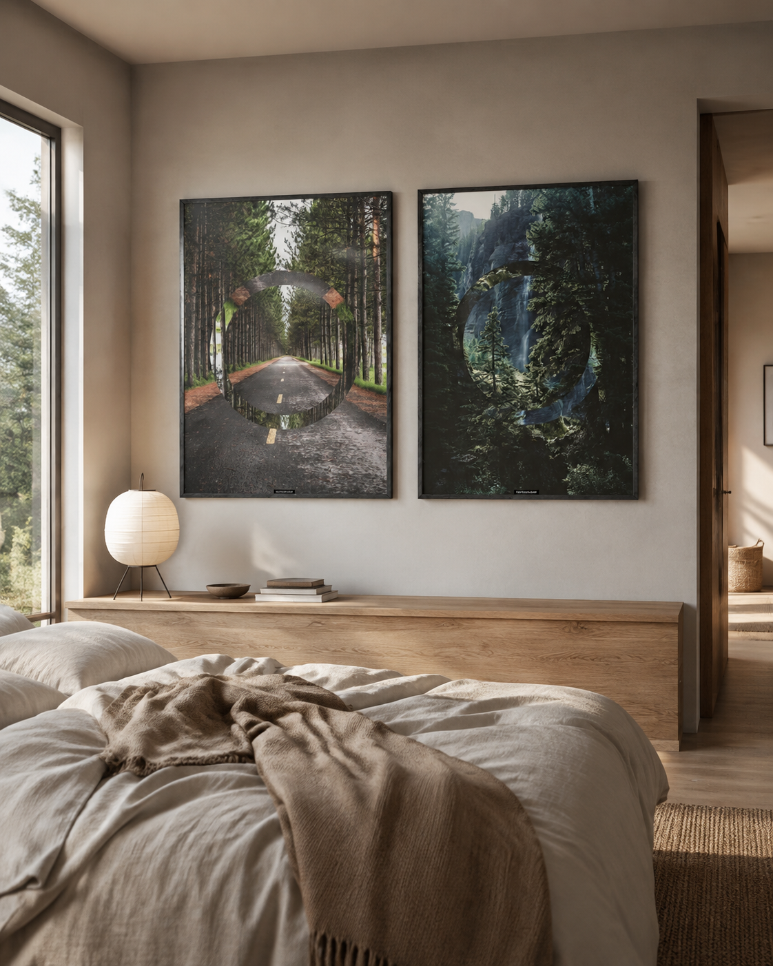 The Forest og Serenity plakater sammen i et nordisk soveværelse