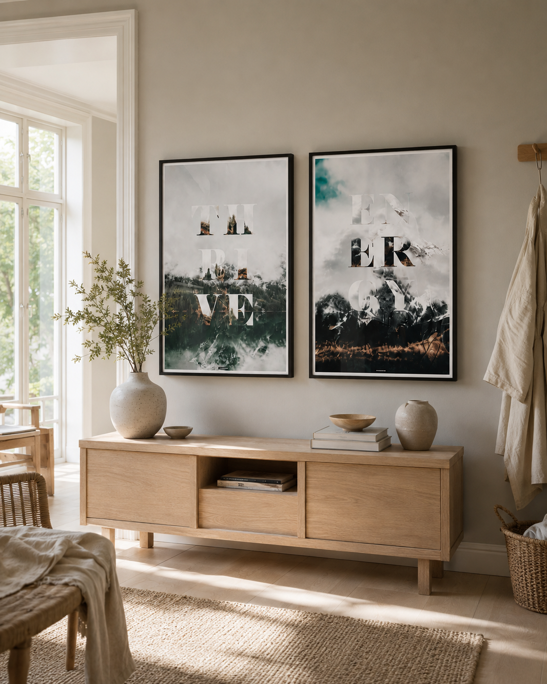 THRIVE og ENERGY plakater sammen i en lys dansk entré med naturligt dagslys og ens sorte aluminiumsrammer.