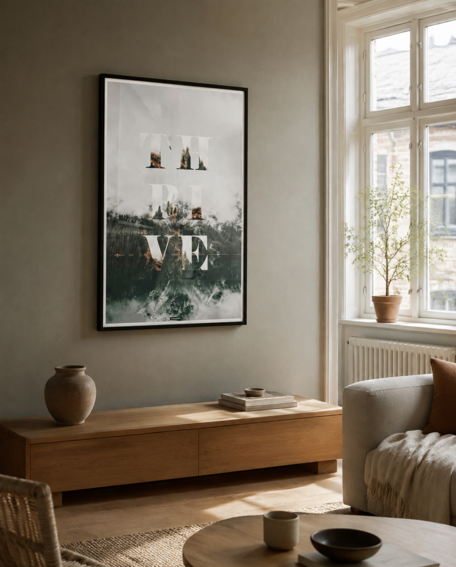 THRIVE plakat i en rolig dansk stue med naturligt vindueslys, egetræ og varme neutrale farver.