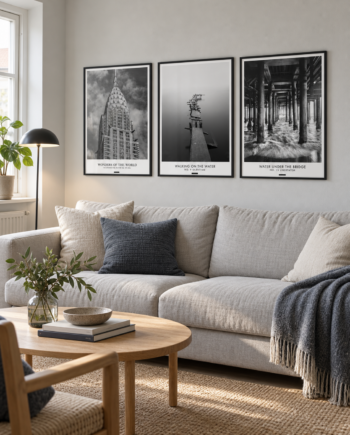 TRAVEL plakatsæt med tre sort-hvide rejseplakater i ens sorte rammer over en lys sofa i en dansk stue