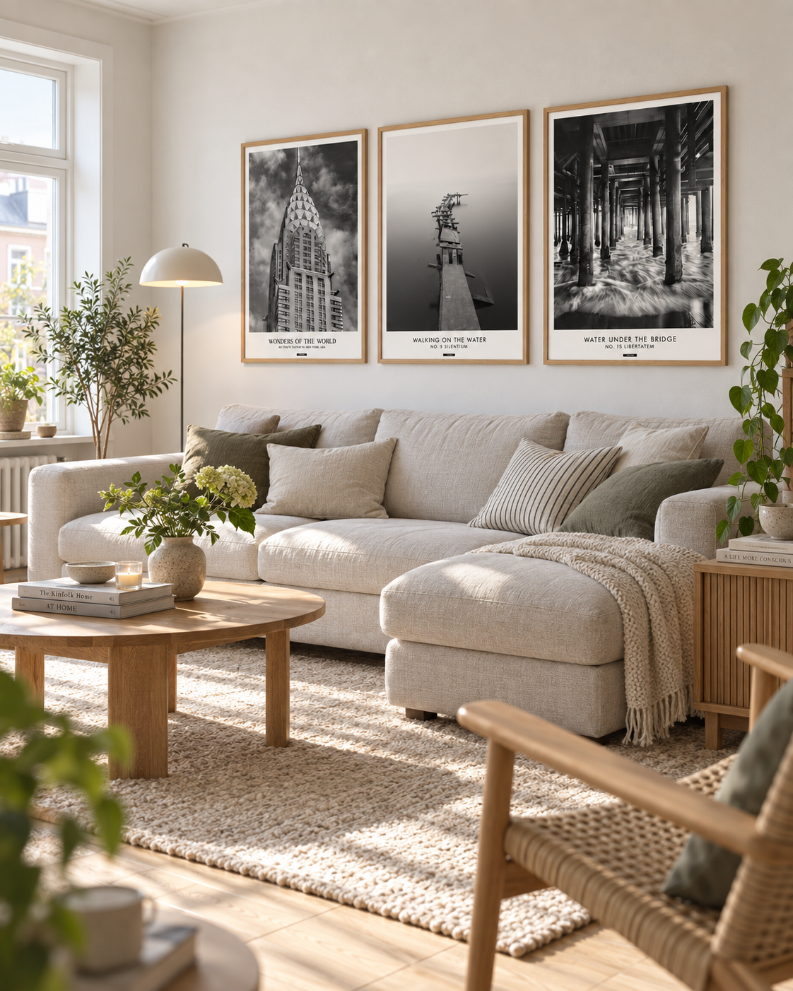 TRAVEL plakatsæt med tre sort-hvide rejseplakater i ens egetræsrammer over en sofa i en lys dansk stue