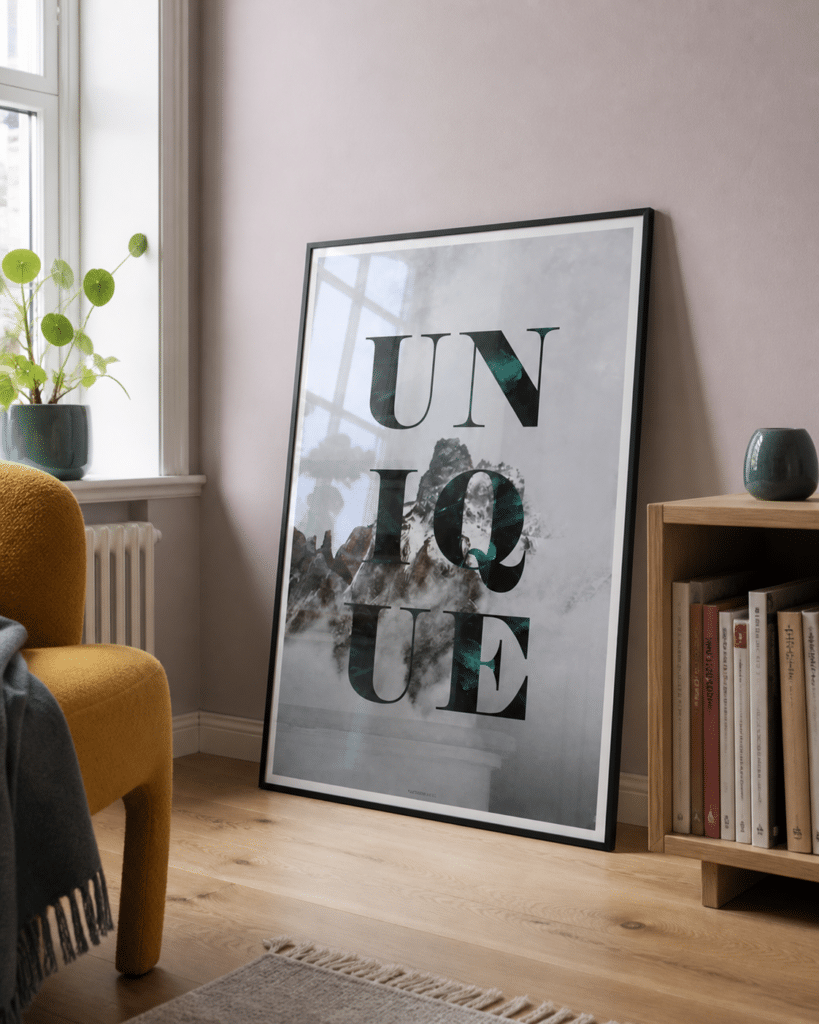 UNIQUE miljøbillede KASPERBENJAMIN - lyst læsehjørne UNIQUE plakat i ramme i et lyst nordisk læsehjørne med lavendelvæg, sennepsgul stol og naturligt dagslys