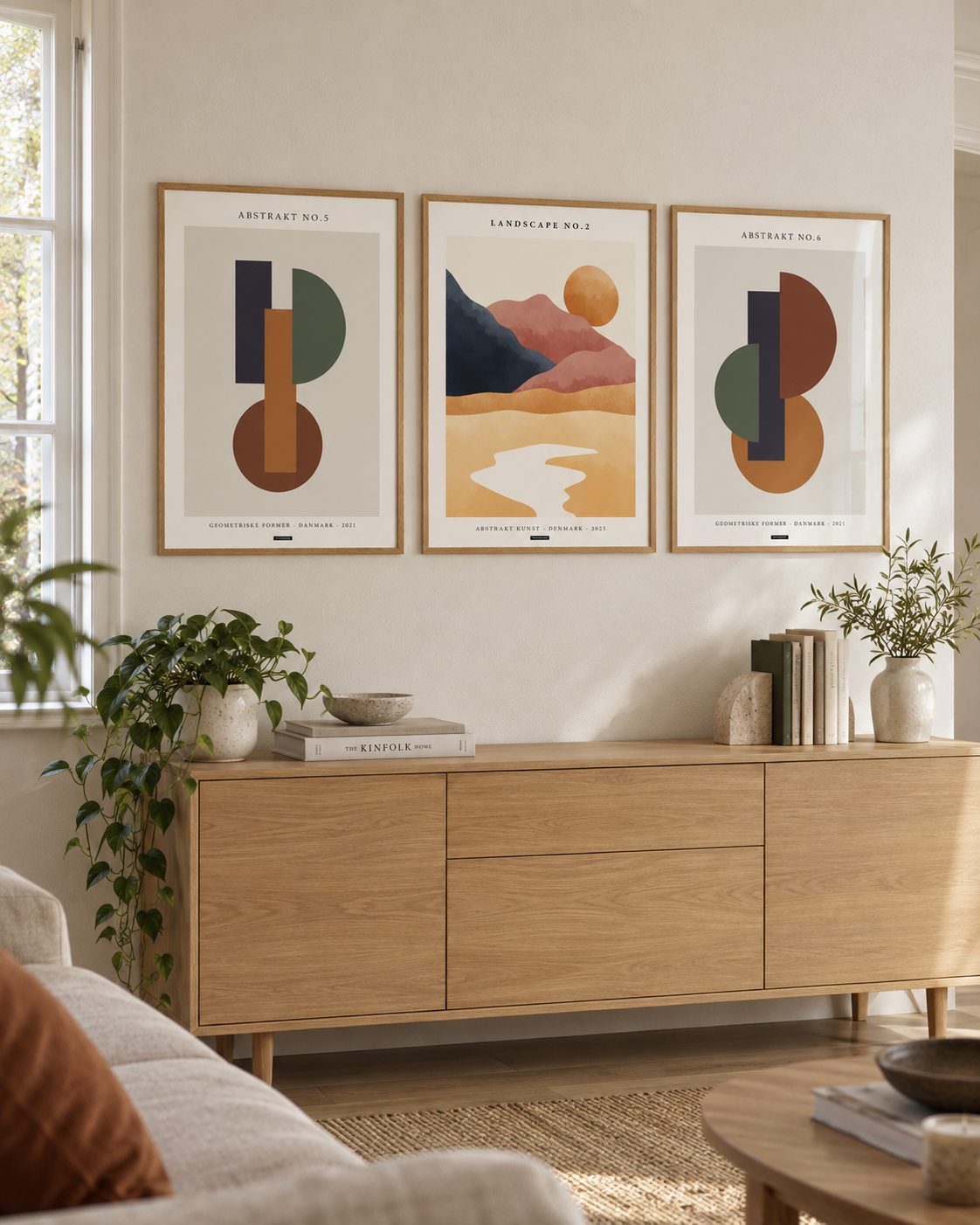 VÆLG SELV 3stk plakatsæt med Abstrakt No.5, Landscape No.2 og Abstrakt No.6 i ens egetræsrammer over en dansk skænk