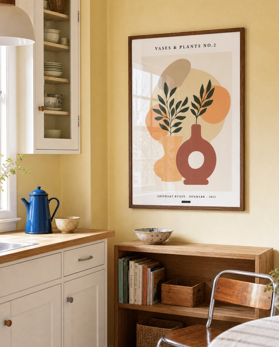 VASES AND PLANTS NO.2 plakat i valnødderamme i et lyst dansk køkken med gul væg, egetræsskab, blå kande og dagslys