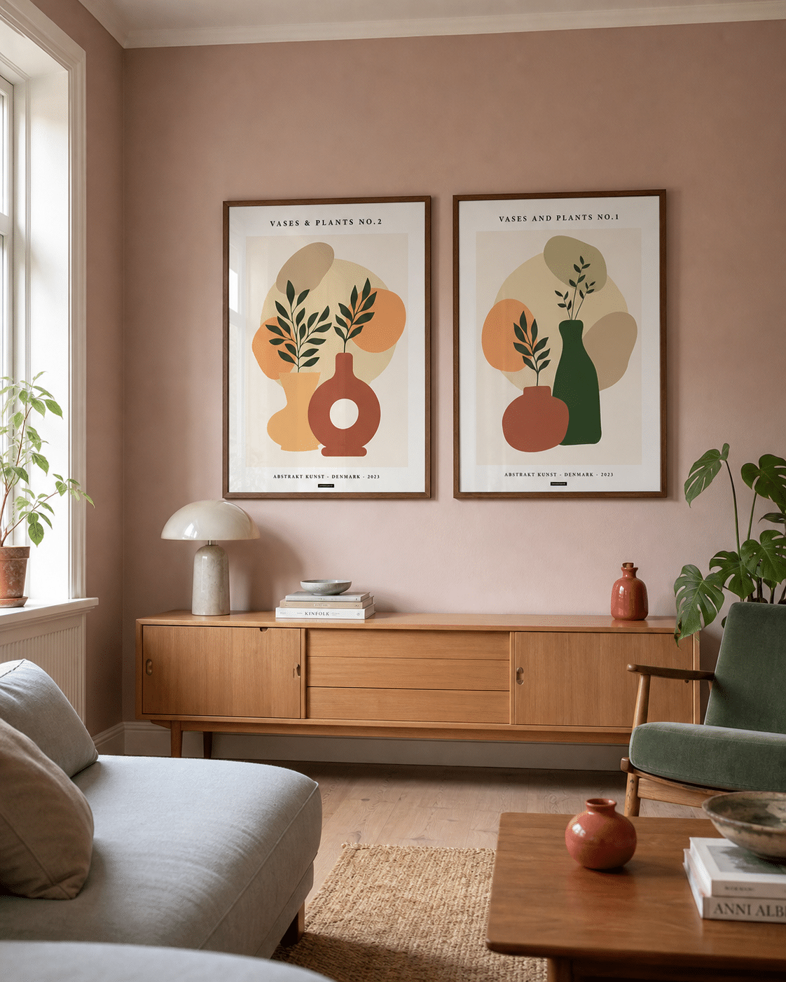 VASES AND PLANTS NO.2 og NO.1 plakater i valnødderammer i en lys dansk stue med rosa væg, egetræsskænk, sofa og dagslys