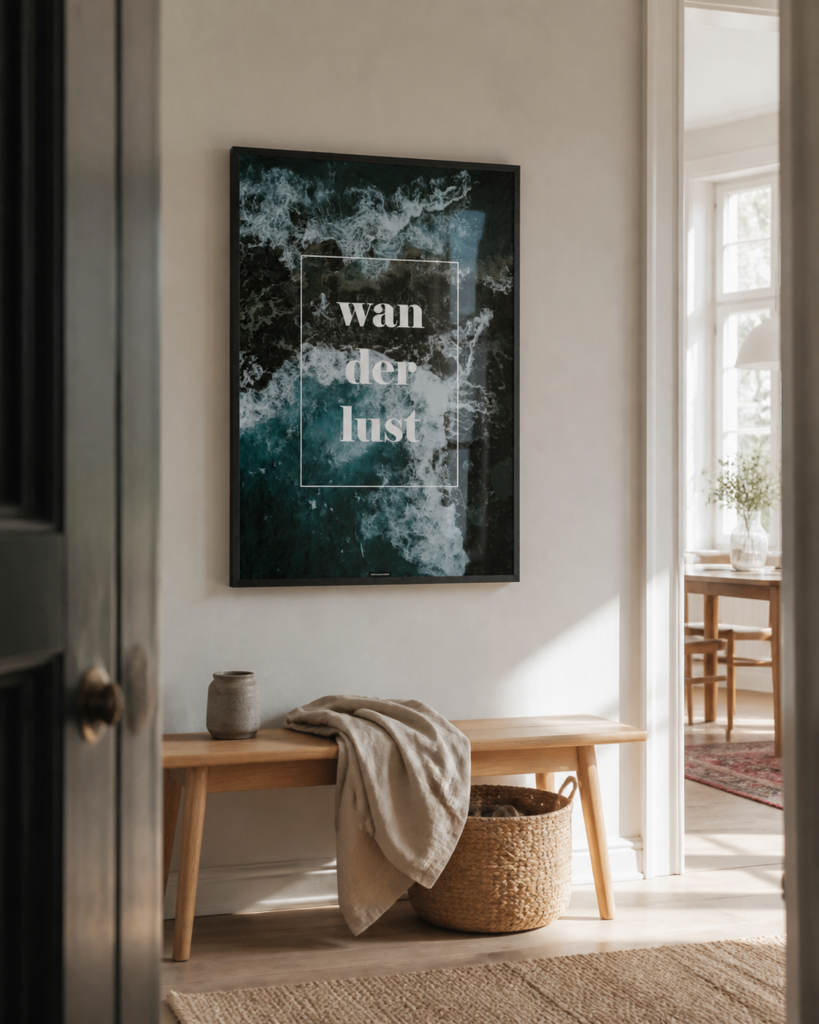 WANDERLUST hero miljøbillede KASPERBENJAMIN Wanderlust plakat i en lys dansk stue med naturligt dagslys