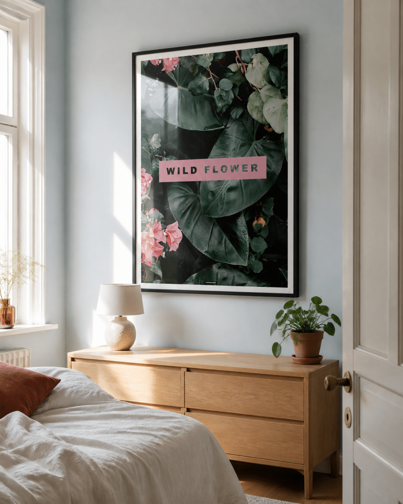 Wild Flower miljøbillede KASPERBENJAMIN - lyst soveværelse Wild Flower plakat i mørk ramme i lyst dansk soveværelse med blågrå væg, egetræskommode, hvidt sengetøj og naturligt dagslys